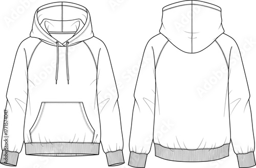 Cad drawing flat vector illustration, hoodie technical sketch front back view, fashion design template, apparel garment production, raglan sleeve
