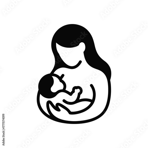 Breastfeeding black outline icon depicting mother holding her baby on white background
