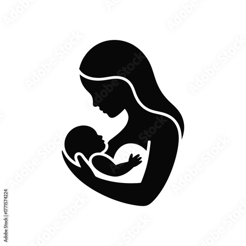 Silhouette illustration of mother breastfeeding her baby infant on a white background