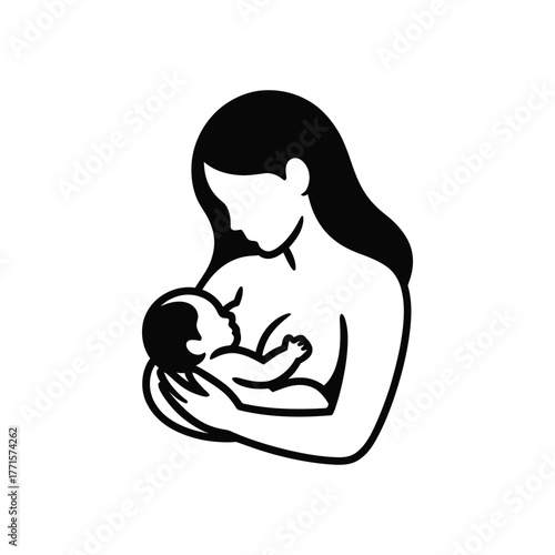 Mother breastfeeding baby symbol, motherhood and childcare, minimalist line art icon