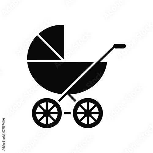 Black baby carriage icon with hood and wheels, isolated on white background