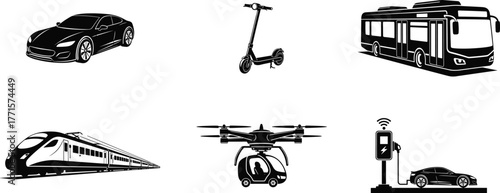 Electric car, scooter, bus, high speed train, flying taxi, charging station, modern transport, sustainable mobility, cad drawing flat vector illustration