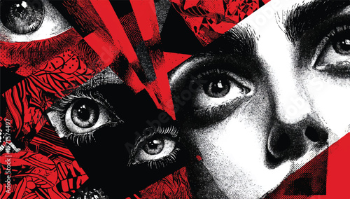 Eye Collage with Intense Gaze and Abstract Red and Black Patterns