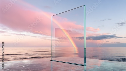 Minimal Surreal Rainbow Reflection Through Transparent Glass Frame Over Calm Ocean at Sunset