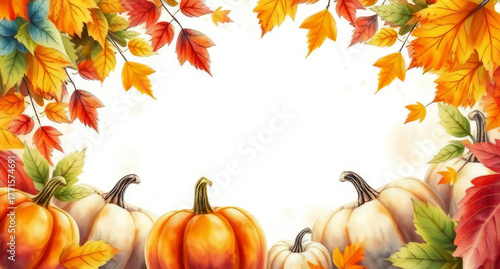 Autumn frame with pumpkins and multicolored leaves. Template design for Harvest festival or Thanksgiving Day with copy space for text.