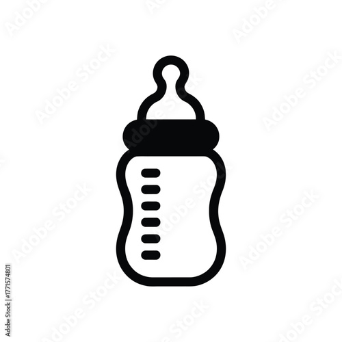 Black outline baby bottle icon with volume measurements on white background