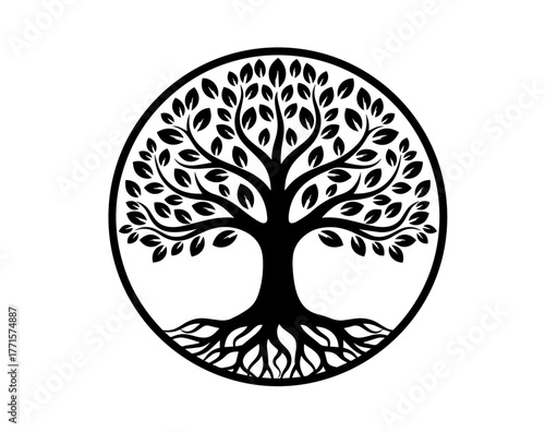 A balanced, black silhouette of a stylized tree, featuring an intricate network of both leafy branches and sprawling roots, is perfectly enclosed within a thick circular frame.