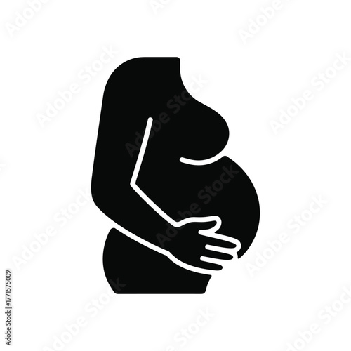 Black silhouette icon of pregnant woman with hands on belly on white