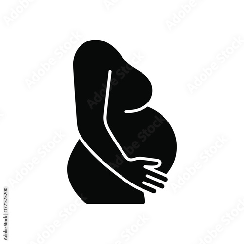 Pregnancy silhouette icon depicting pregnant woman touching her belly on white background
