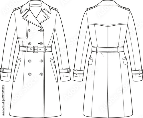 Cad drawing flat vector illustration, trench coat technical sketch, double breasted design, fashion template, garment construction, epaulet, belt, lapel