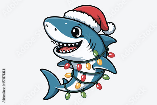 Cute cartoon shark wearing santa hat and christmas lights festive holiday celebration fun animal art