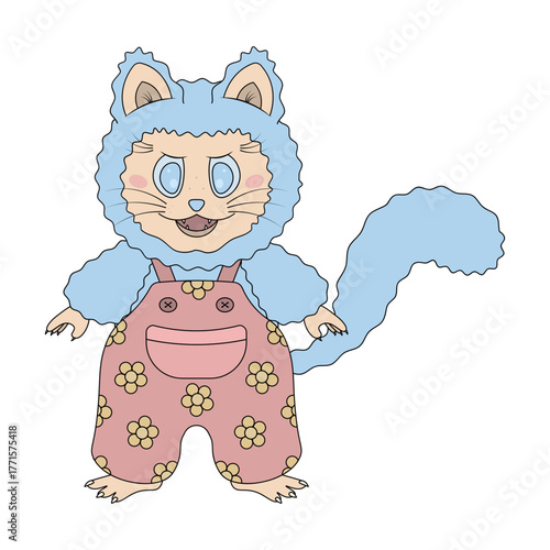Cat in pink overalls decorated with flowers. Illustration. 