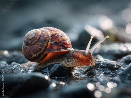 Garden Snail Crawling Wet Rocks Muddy Surface Raindrops Detailed Macro Shot Wildlife