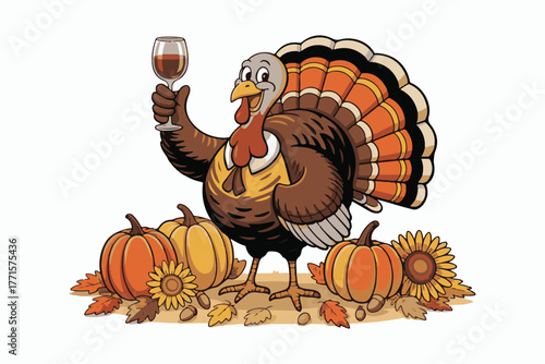 Joyful cartoon turkey with goblet and pumpkins celebrating autumn harvest and thanksgiving festivities
