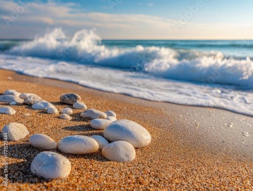 Peaceful beach scene serene ocean waves rolling onto shore smooth white pebbles golden sand soft evening light tranquil coastal view sunset landscape