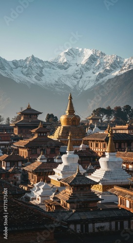 Bhaktapur cityscape with stupas and traditional architecture against snow mountains.