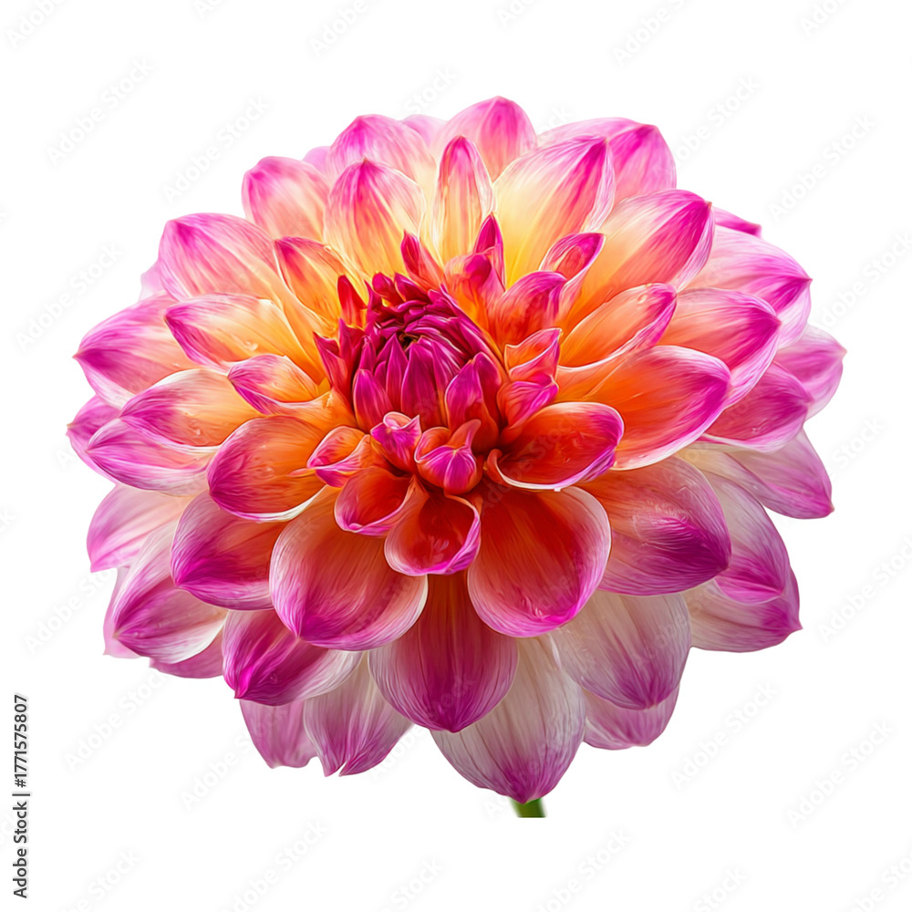 Fototapeta premium Vibrant pink and yellow dahlia flower isolated on a deep dark canvas