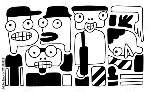 This description highlights the combination of style (abstract caricature) and subject matter (investigation). It implies that this design uses artistic distortion to tell the story