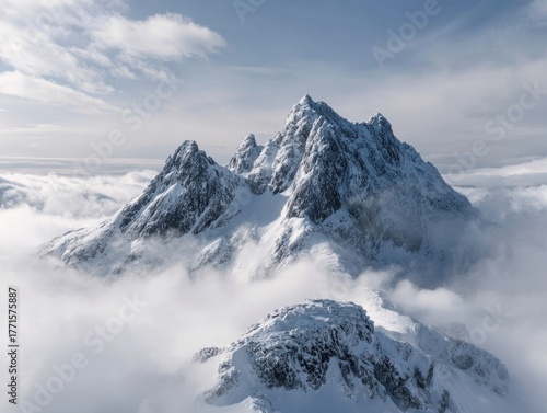 Rugged Snow-Clad Peaks Towering Above Dense Cloud Inversion Norwegian Mountain Range Winter Conditions