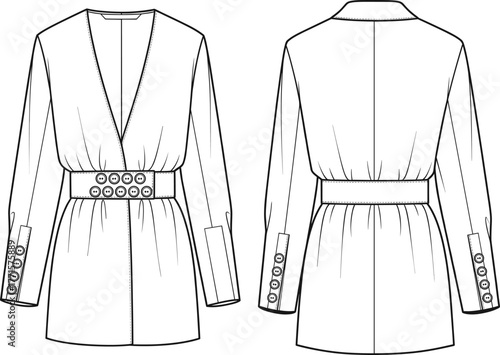 Cad drawing flat vector illustration, women’s blazer front and back view, fashion sketch, belt detail, garment design, apparel template