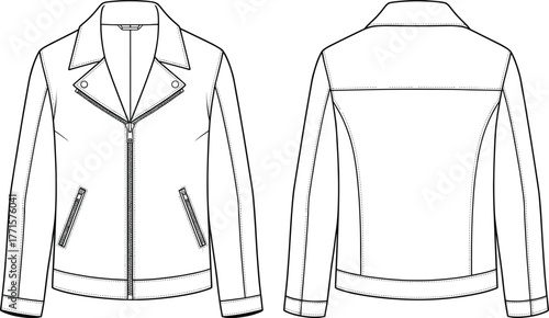 Cad drawing flat vector illustration, women’s biker jacket front and back view, fashion sketch, zipper detail, garment design, apparel