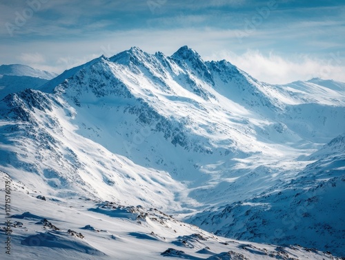 Expansive Snow-Covered Mountain Range with Rugged Peaks and Deep Valleys under a Bright Blue Sky Winter Wilderness Landscape Capturing Remote Alpine Beauty