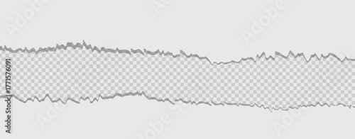 Horizontal torn paper edge. Ripped squared horizontal white paper strips. vector realistic illustration of torn paper with shadow on transparent background. Vector illustration.