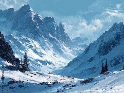 Dramatic Winter Mountain Valley Oil Painting Deep Snow and Towering Peaks Under Overcast Sky Remote Wilderness Scenery