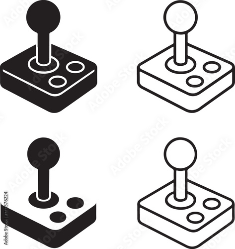 Isolated joystick icons, retro arcade joystick icon set with solid, line, outline, minimal thin stroke styles, vintage gaming controller, editable vector joystick art, gamer buyers
