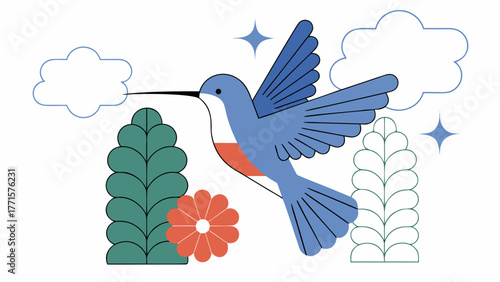 Blue hummingbird in flight near stylized foliage and clouds for nature focused advertising copy.