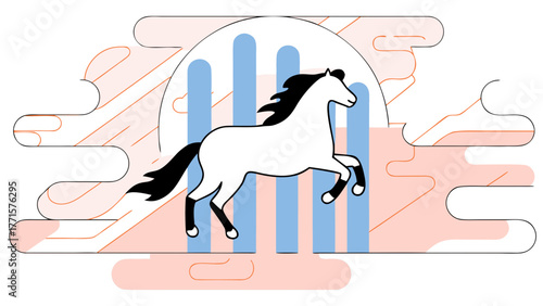 Illustration of a white horse leaping in front of blue bars and stylized pink clouds design element on transparent background silhouette