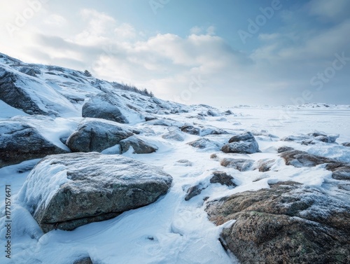 Frozen Coastline Landscape Snow Covered Rocks Icy Shoreline Cold Nordic Winter Scene Sky Clouds