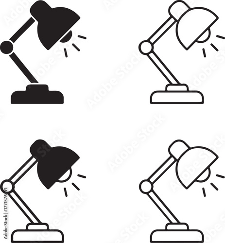 Isolated desk lamp icons, desk lamp icon set with solid, line, outline, minimal thin stroke styles, table light illumination, editable vector lamp art, home office buyers