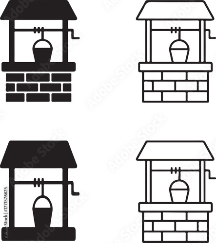 Isolated brick well icons, brick water well with bucket icon set with solid, line, outline, minimal thin stroke styles, rural water source, editable vector well art, village buyers