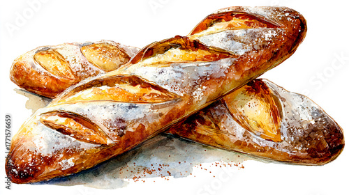 Watercolor baguette bread, isolated on a white background