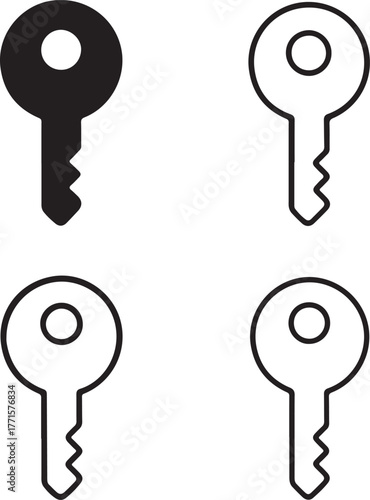 Isolated key icons, key icon set with solid, line, outline, minimal thin stroke styles, lock access security, editable vector key art, home office buyers