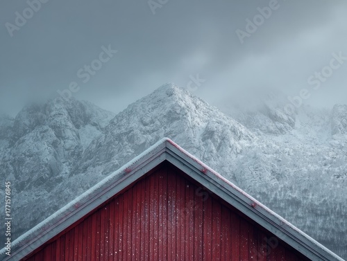 Red Gabled Roof Snow Dusted Peaks Overcast Sky Winter Landscape Minimalist View