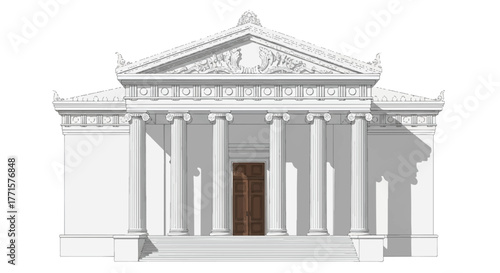 A gray architectural illustration of a building with columns and a triangular pediment against a white background.