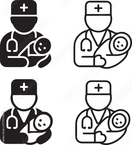 Isolated doctor baby icons, doctor holding newborn baby icon set with solid, line, outline, minimal thin stroke styles, pediatric medical care, editable vector doctor art, health buyers