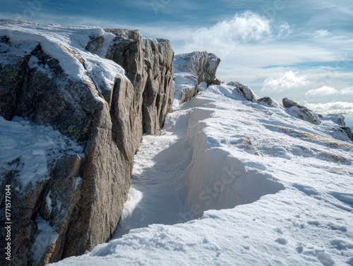 Snowy Mountain Pass Narrow Fissure Between Rock Formations Deep Snowdrifts Icy Terrain Bright Winter Day Cloudy Sky Adventure Travel Environment