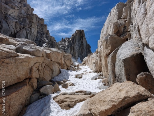 Rugged Mountain Landscape Snowy Valley Towering Peaks Granite Cliffs Blue Sky Dramatic Natural Canyon Scene