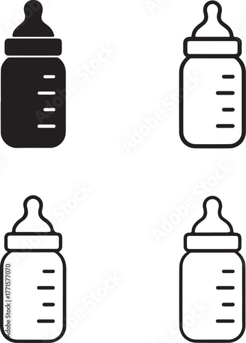 Isolated baby bottle icons, baby bottle icon set with solid, line, outline, minimal thin stroke styles, infant milk feeding, editable vector baby bottle art, childcare buyers