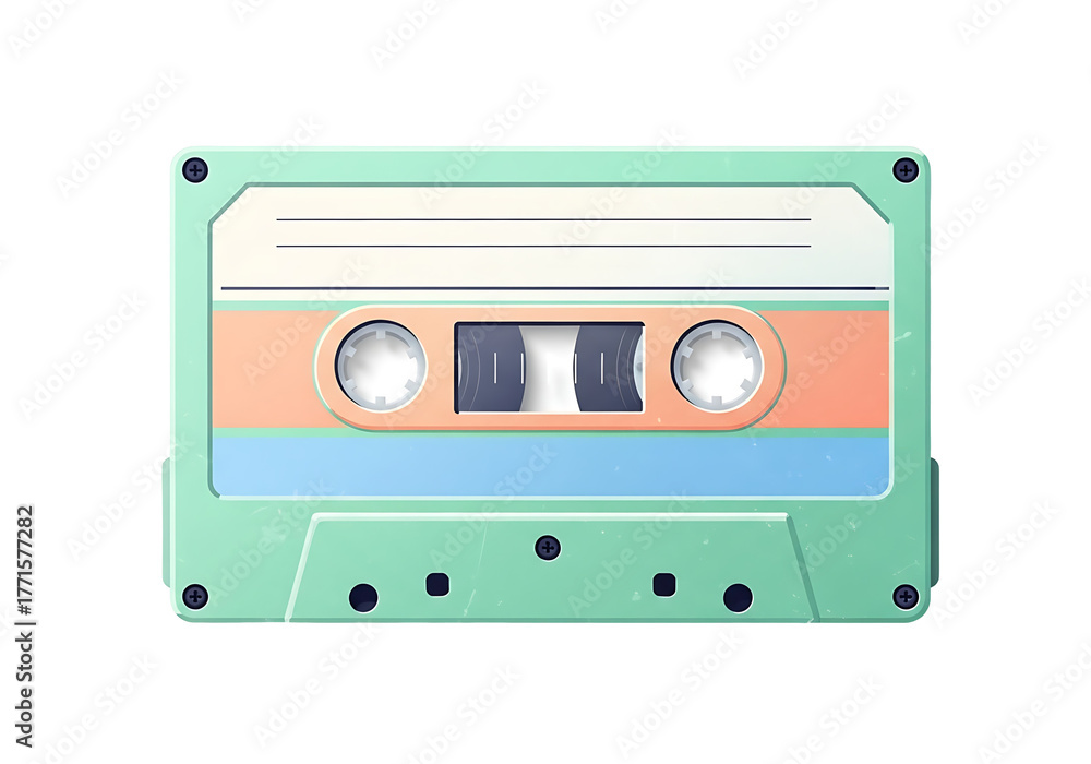 Obraz premium パステルカラーが可愛い！レトロなカセットテープのイラスト素材。懐かしい音楽、録音、オーディオ機器