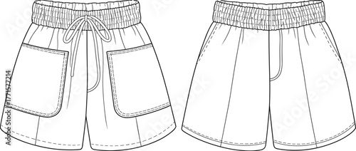 Shorts technical sketch front and back view, elastic waistband, patch pockets, drawstring, stitching details, cad drawing flat vector illustration