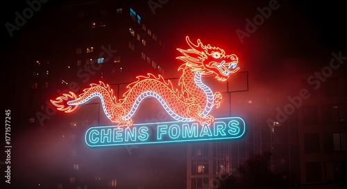 Neon dragon sign chen fomars building night cityscape restaurant asia chinese oriental glowing red blue