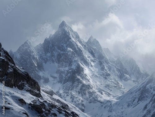 Himalayan Mountain Range, Snow-Covered Peaks, Overcast Sky, Dramatic Clouds Hovering Above Icy Landscape, Rugged Terrain and Remote Wilderness