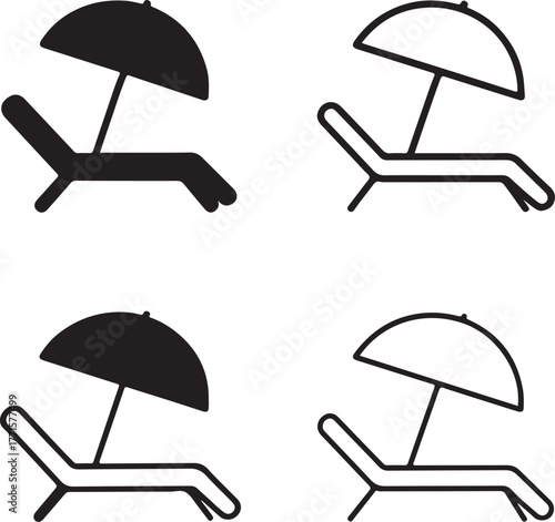 Isolated beach chair icons, beach chair icon set with solid, line, outline, minimal thin stroke styles, seaside vacation furniture, editable vector beach chair art, travel buyers
