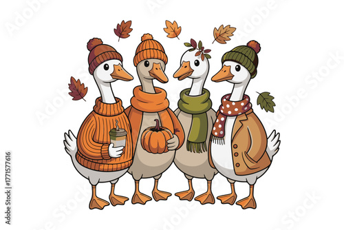 Four adorable geese dressed in cozy fall outfits with autumn leaves for seasonal decor