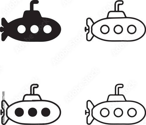 Isolated submarine icons, submarine icon set with solid, line, outline, minimal thin stroke styles, underwater exploration vessel, editable vector submarine art, marine buyers