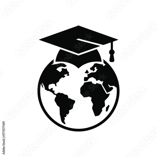 Globe with graduation cap icon symbolizing global education on white background